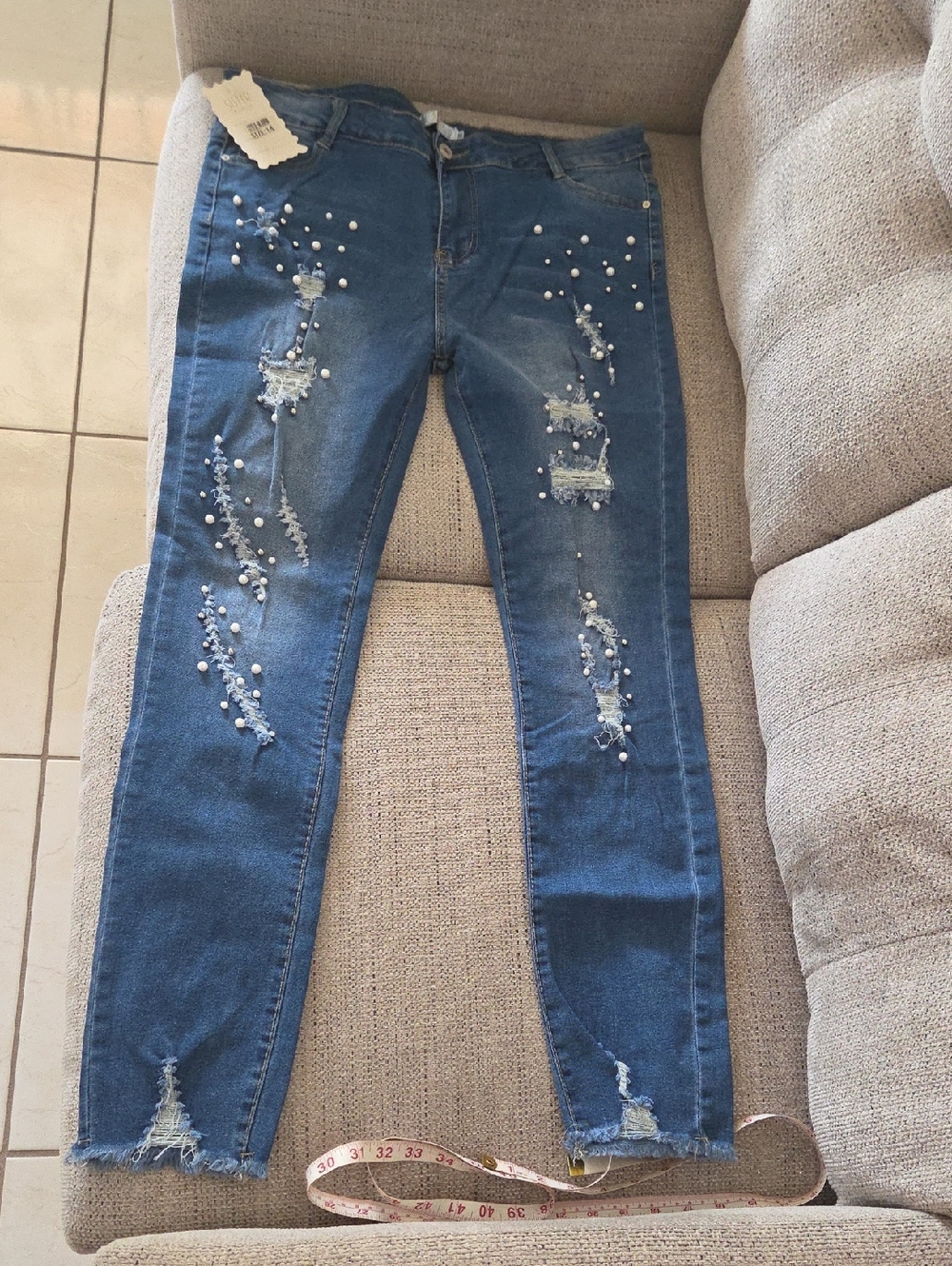 Women Skinny Jeans Blue Pearl Embellished Distressed Stretch Denim Size 14